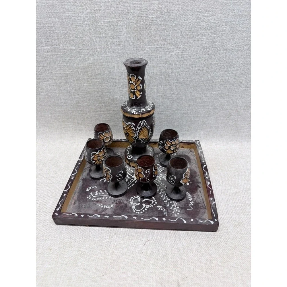 Vintage Hand Painted Carved Wood Decanter Set Tray 6 Goblets‎ Folk Art Barware